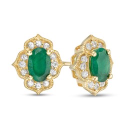 Oval Emerald and White Sapphire Quatrefoil Frame Vintage-Style Stud Earrings in 10K Gold