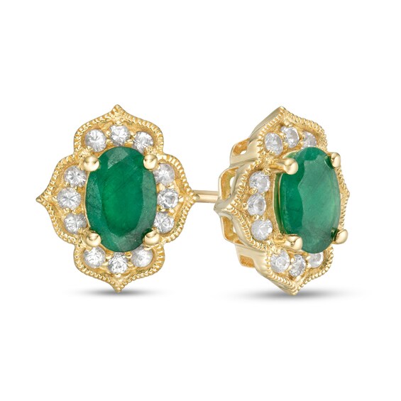 Oval Emerald and White Sapphire Quatrefoil Frame Vintage-Style Stud Earrings in 10K Gold Oval Emerald and White Sapphire Quatrefoil Frame Vintage-Style Stud Earrings in 10K Gold