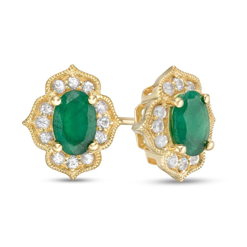 Main Image 1 of Oval Emerald and White Sapphire Quatrefoil Frame Vintage-Style Stud Earrings in 10K Gold