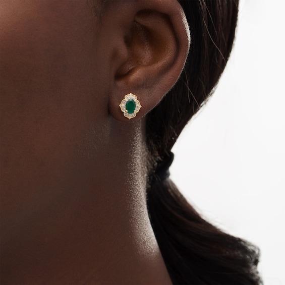 Oval Emerald and White Sapphire Quatrefoil Frame Oval Emerald and White Sapphire Quatrefoil Frame Vintage-Style Stud Earrings in 10K Gold
