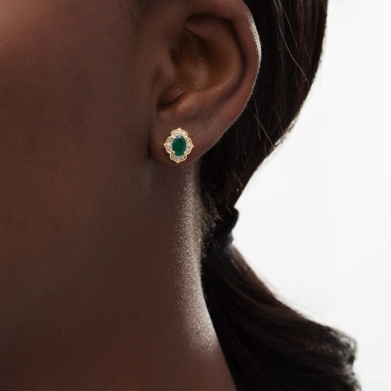 Main Image 2 of Oval Emerald and White Sapphire Quatrefoil Frame Vintage-Style Stud Earrings in 10K Gold