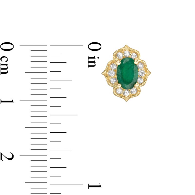 Main Image 3 of Oval Emerald and White Sapphire Quatrefoil Frame Vintage-Style Stud Earrings in 10K Gold