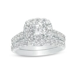 Celebration Ideal 2-1/2 CT. T.W. Certified Diamond Cushion Frame Bridal Set in 14K White Gold (I/I1)