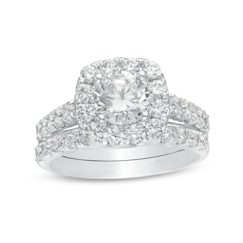 Main Image 1 of Celebration Ideal 2-1/2 CT. T.W. Certified Diamond Cushion Frame Bridal Set in 14K White Gold (I/I1)