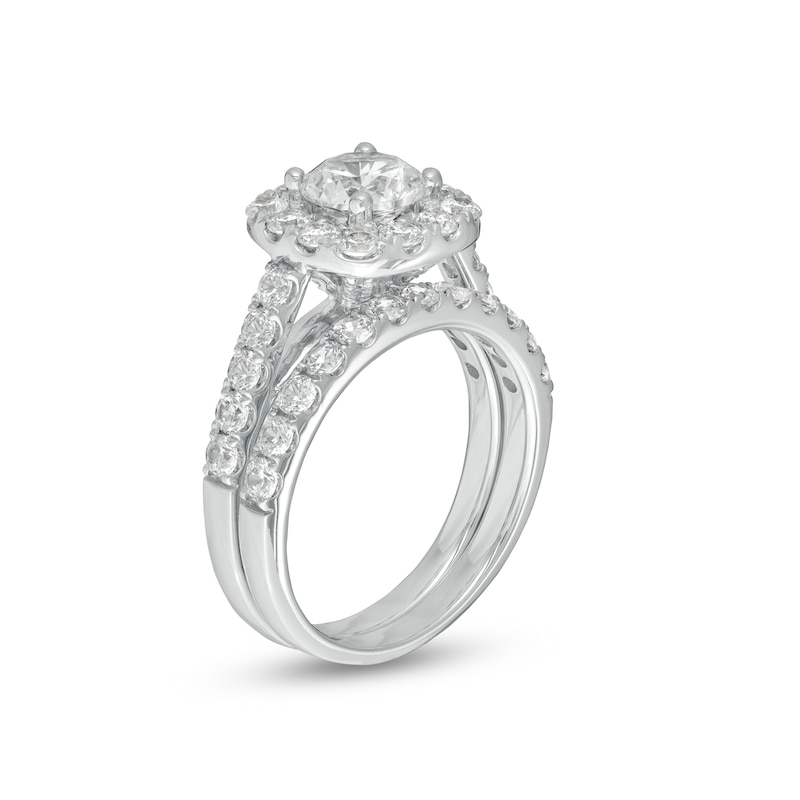 Main Image 3 of Celebration Ideal 2-1/2 CT. T.W. Certified Diamond Cushion Frame Bridal Set in 14K White Gold (I/I1)