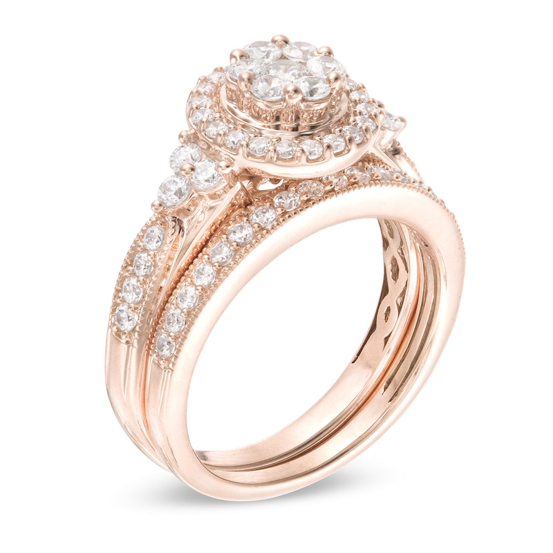 Main Image 2 of 1 CT. T.W. Composite Diamond Frame Tri-Sides Vintage-Style Bridal Set in 10K Rose Gold