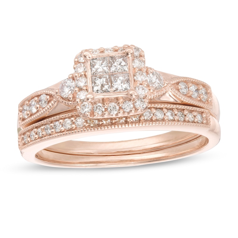 1/2 CT. T.W. Quad Princess-Cut Diamond Frame Vintage-Style Bridal Set in 10K Rose Gold