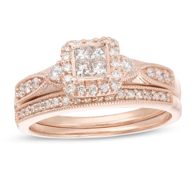 Main Image 1 of 1/2 CT. T.W. Quad Princess-Cut Diamond Frame Vintage-Style Bridal Set in 10K Rose Gold