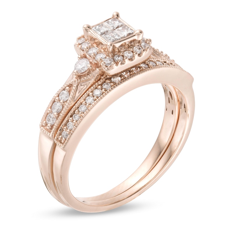 1/2 CT. T.W. Quad Princess-Cut Diamond Frame Vintage-Style Bridal Set in 10K Rose Gold