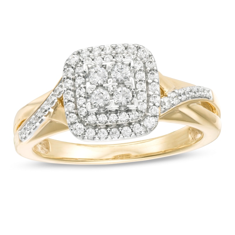 Main Image 1 of 3/8 CT. T.W. Quad Diamond Double Cushion Frame Engagement Ring in 10K Gold