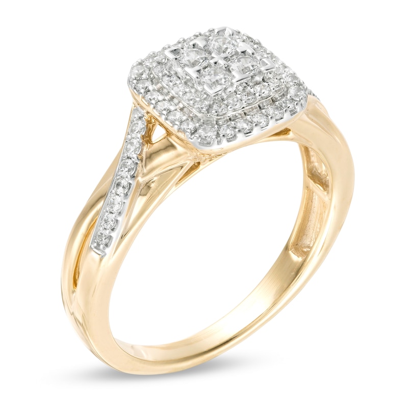 3/8 CT. T.W. Quad Diamond Double Cushion Frame Engagement Ring in 10K Gold