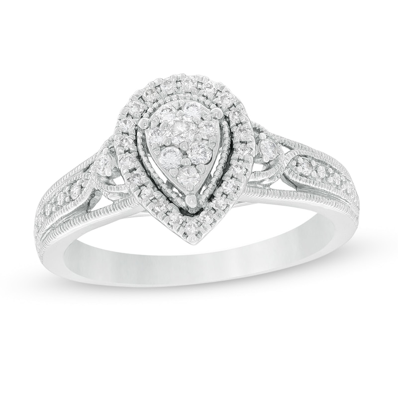 1/4 CT. T.W. Composite Diamond Pear-Shaped Frame Vintage-Style Engagement Ring in 10K White Gold