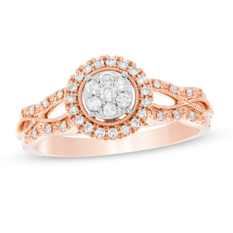 1/4 CT. T.W. Composite Diamond Frame Twist Vintage-Style Engagement Ring in 10K Rose Gold