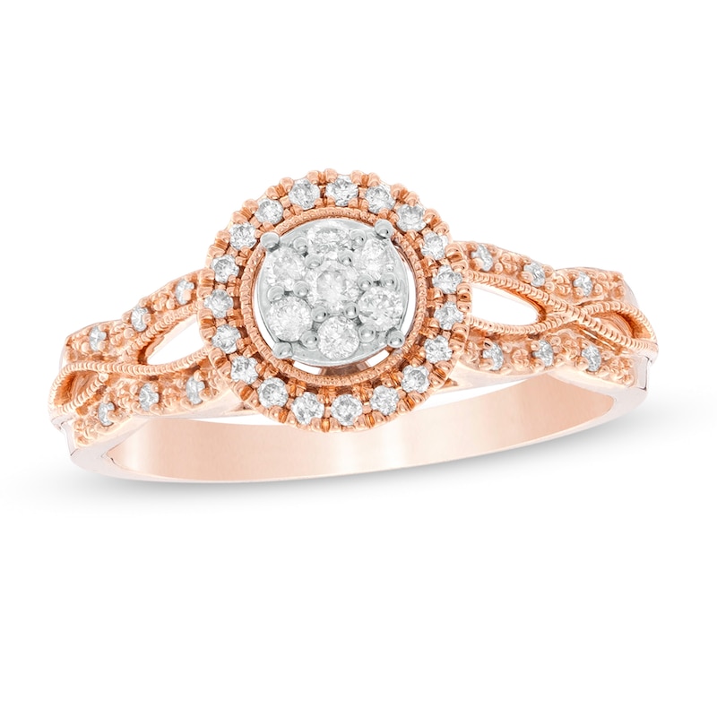 Main Image 1 of 1/4 CT. T.W. Composite Diamond Frame Twist Vintage-Style Engagement Ring in 10K Rose Gold