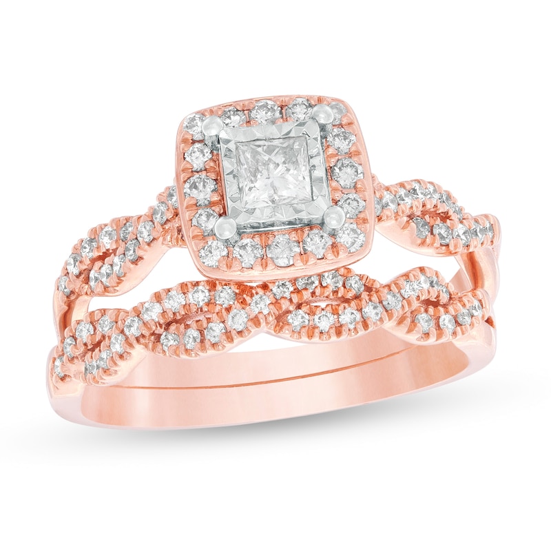 5/8 CT. T.W. Princess-Cut Diamond Frame Twist Bridal Set in 10K Rose Gold