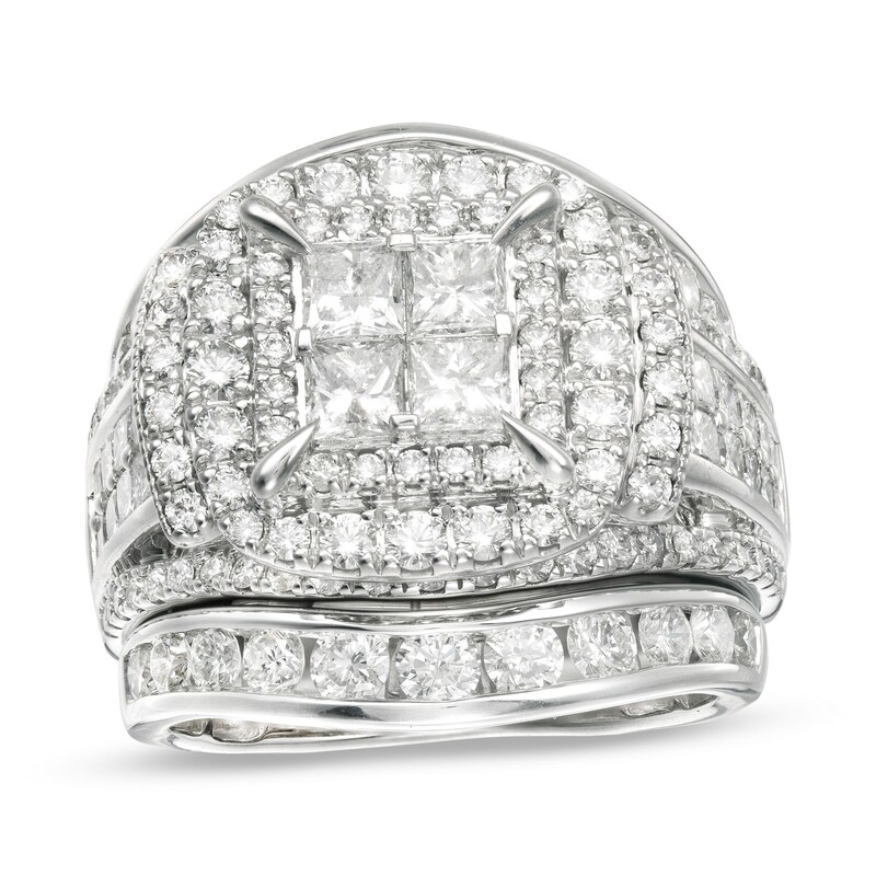 4 CT. T.W. Quad PrincessCut Diamond Frame VintageStyle Bridal Set in