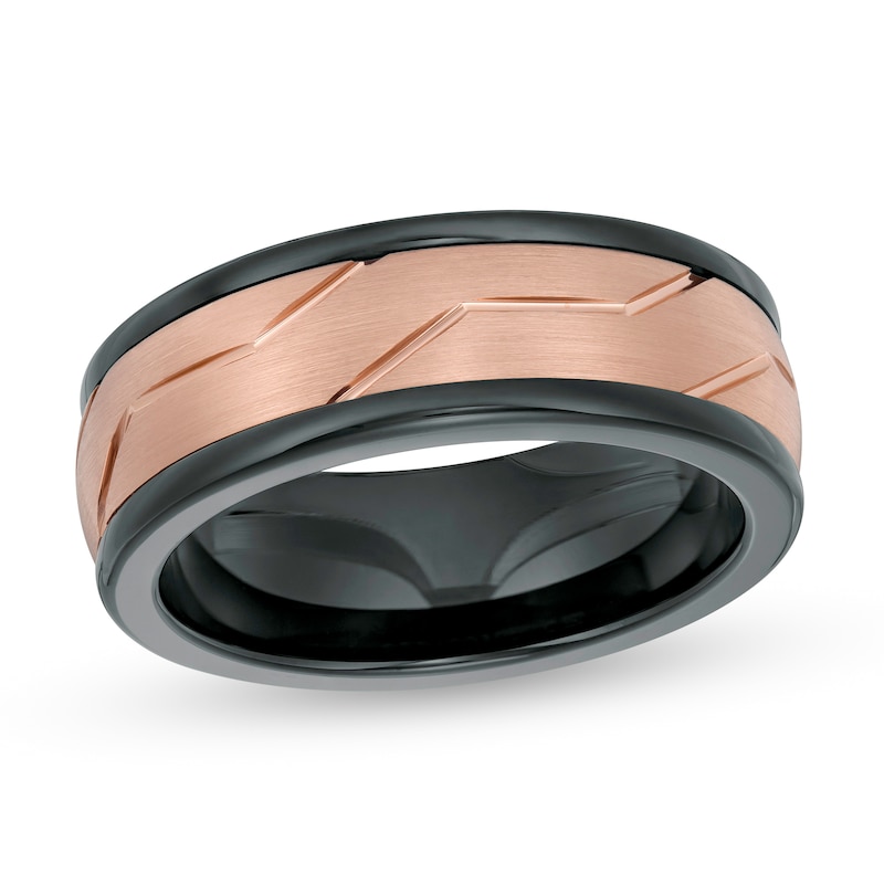 Main Image 1 of Triton Men's 8.0mm Multi-Finish Zig-Zag Groove Comfort Fit Wedding Band in Black and Rose Tungsten
