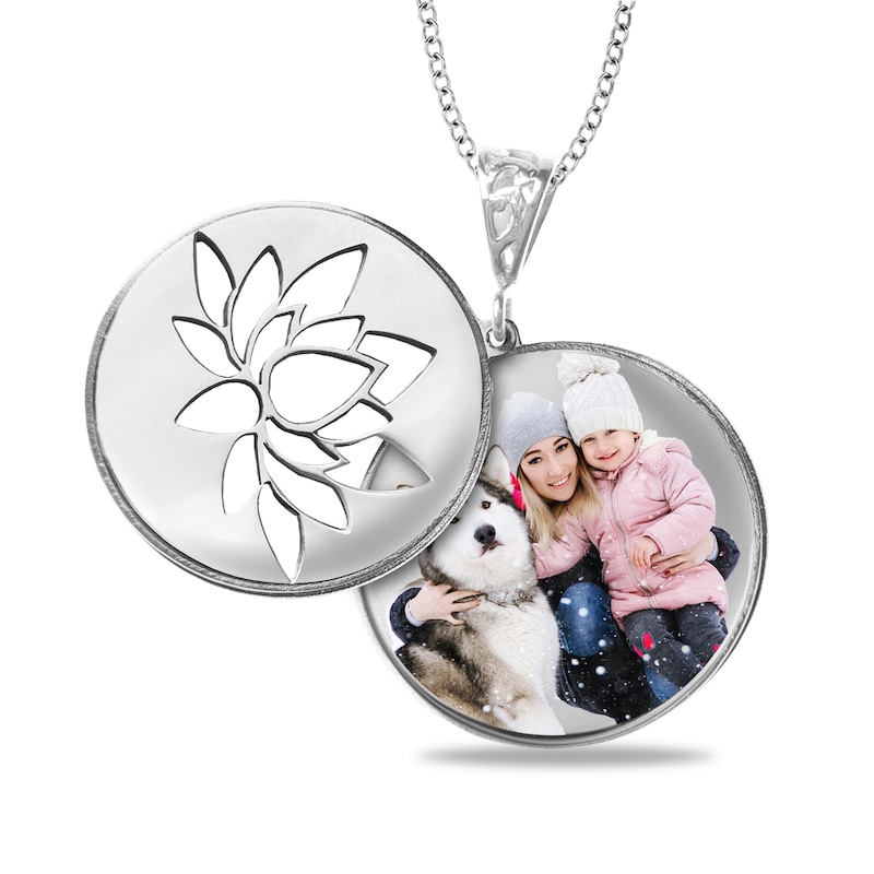Engravable Photo Lotus Flower Swivel Disc Pendant in Sterling Silver (1 Image and 4 Lines)