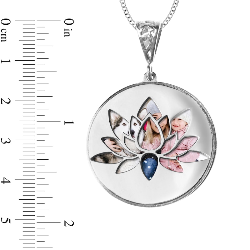 Engravable Photo Lotus Flower Swivel Disc Pendant in Sterling Silver (1 Image and 4 Lines)