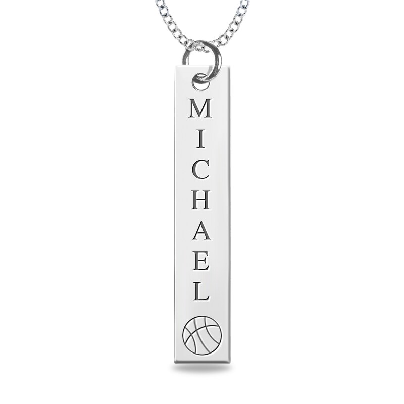 Main Image 1 of Engravable Name Basketball Vertical Bar Sport Pendant in 10K White, Yellow or Rose Gold (2 Lines)