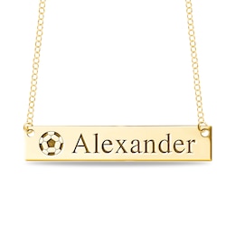 Engravable Name Soccer Ball Bar Sport Necklace in 10K White, Yellow or Rose Gold (2 Lines)