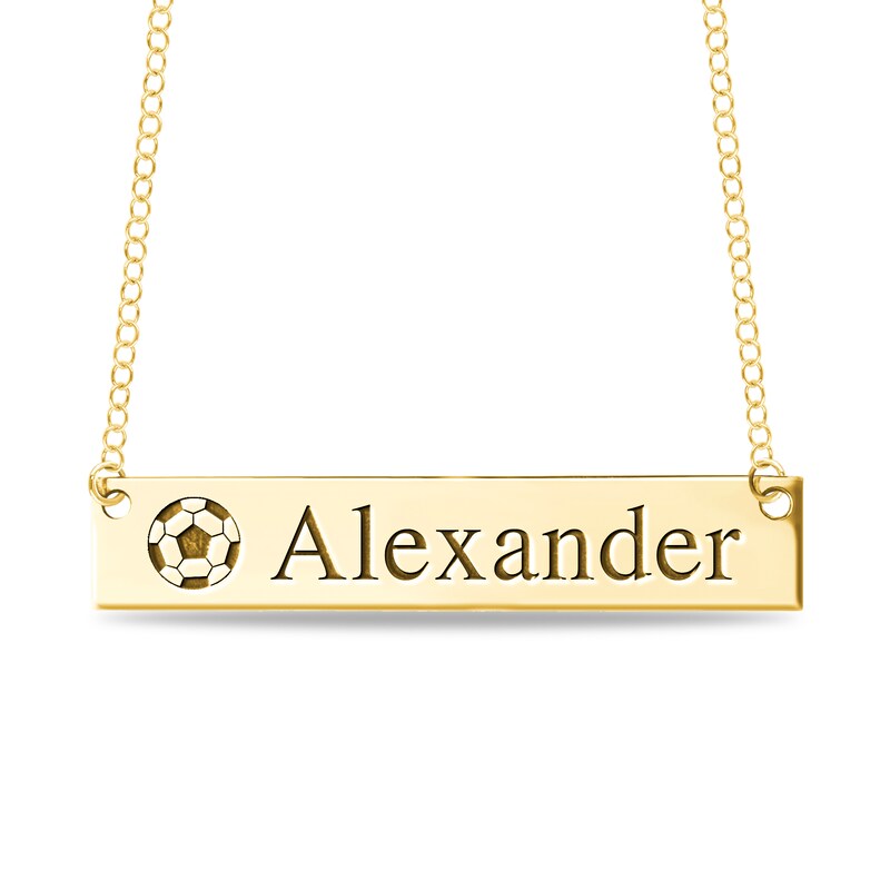 Main Image 1 of Engravable Name Soccer Ball Bar Sport Necklace in 10K White, Yellow or Rose Gold (2 Lines)