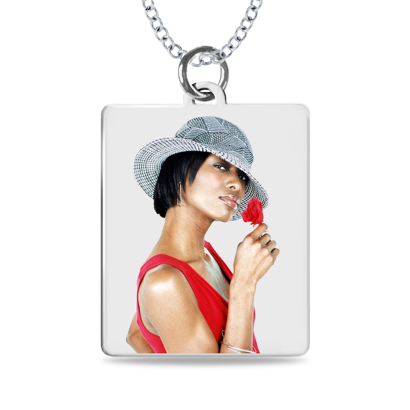 Medium Engravable Photo Rectangle Pendant in 10K White, Yellow or Rose Gold (1 Image and 3 Lines)