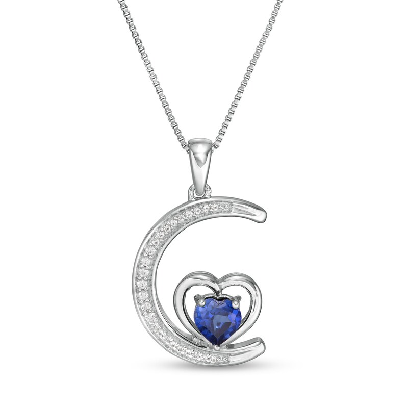 Main Image 1 of 5.0mm Lab-Created Ceylon and White Sapphire Crescent Moon with Heart Pendant in Sterling Silver
