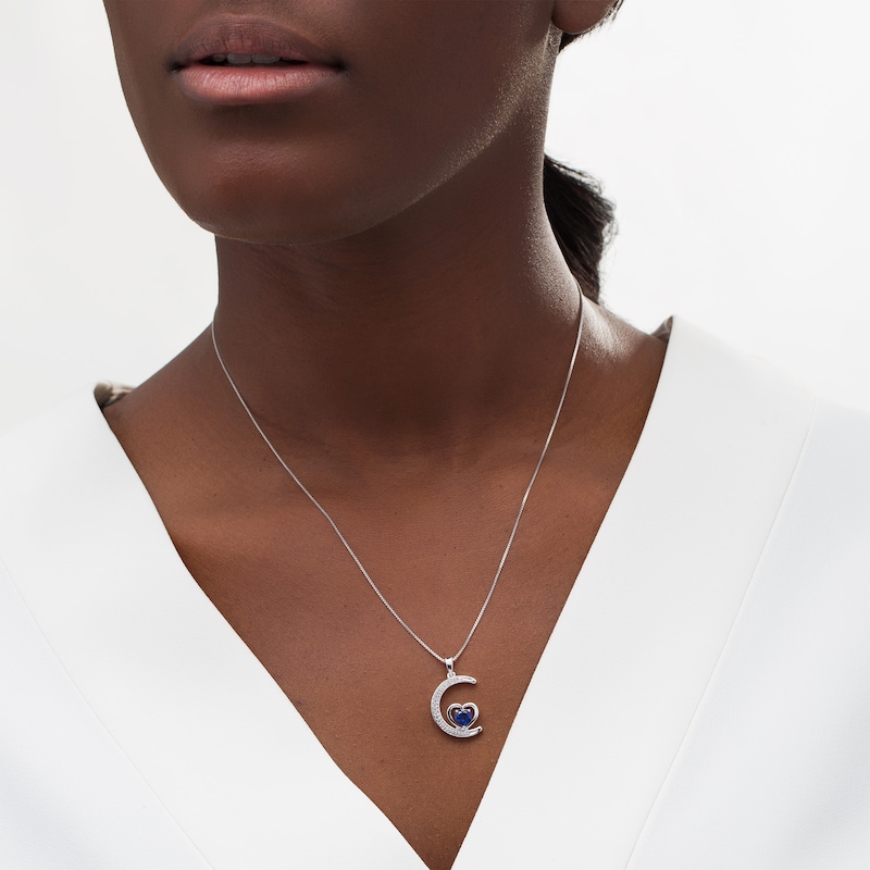 5.0mm Lab-Created Ceylon and White Sapphire Crescent Moon with Heart Pendant in Sterling Silver