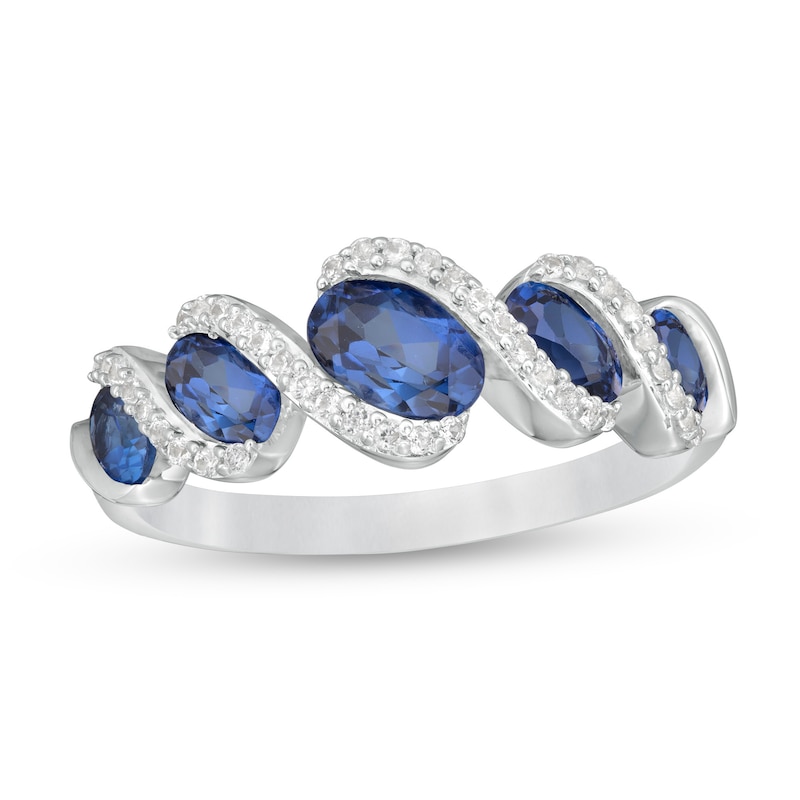 Main Image 1 of Oval Blue and White Lab-Created Sapphire Graduated Five Stone Slant Swirl Ring in Sterling Silver