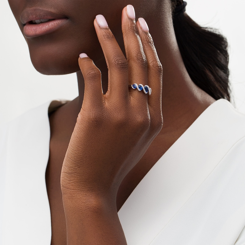Main Image 2 of Oval Blue and White Lab-Created Sapphire Graduated Five Stone Slant Swirl Ring in Sterling Silver