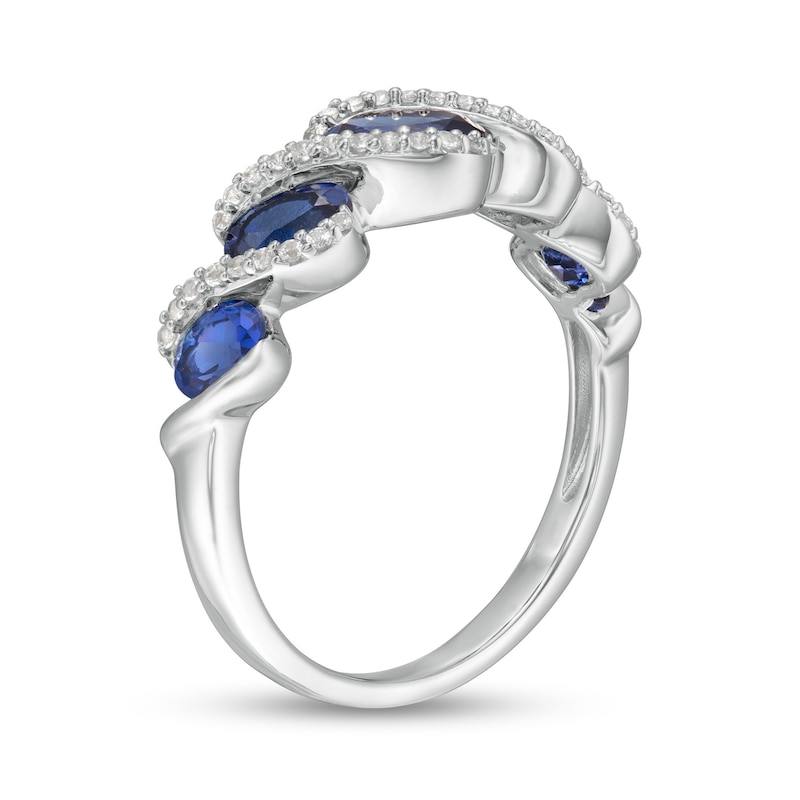 Main Image 3 of Oval Blue and White Lab-Created Sapphire Graduated Five Stone Slant Swirl Ring in Sterling Silver