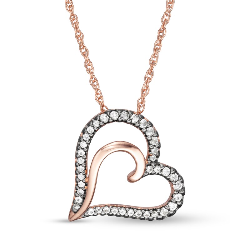 Main Image 1 of White Lab-Created Sapphire Tilted Double Heart Pendant in Sterling Silver with 18K Rose Gold Plate and Black Ruthenium