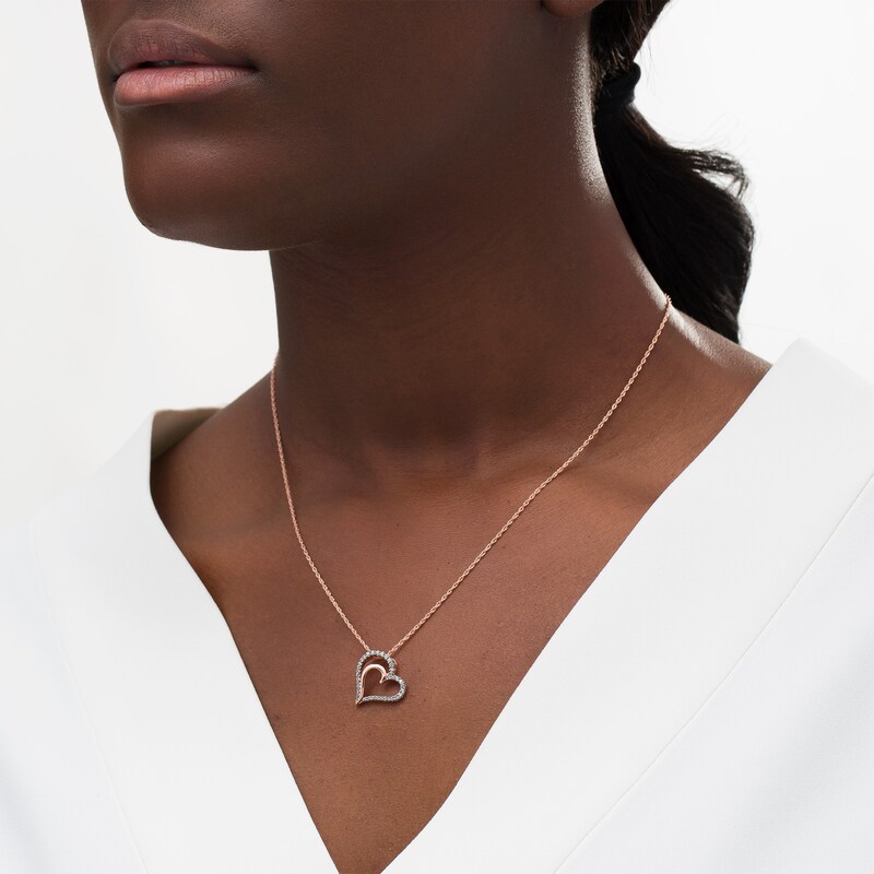 Main Image 2 of White Lab-Created Sapphire Tilted Double Heart Pendant in Sterling Silver with 18K Rose Gold Plate and Black Ruthenium