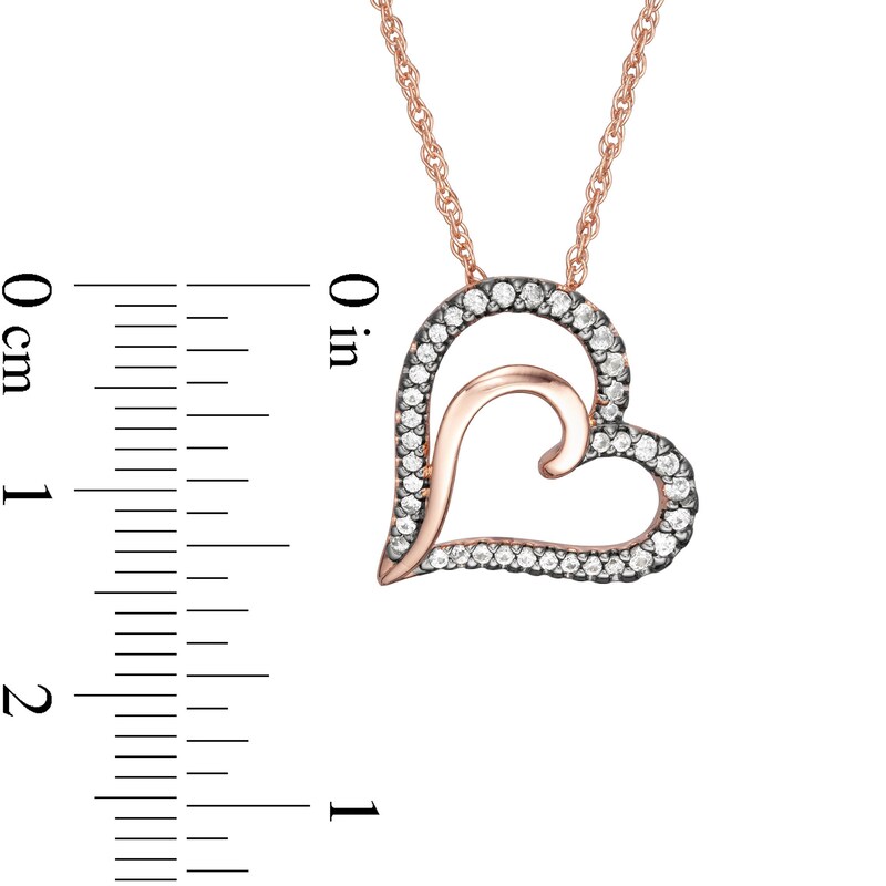 Main Image 3 of White Lab-Created Sapphire Tilted Double Heart Pendant in Sterling Silver with 18K Rose Gold Plate and Black Ruthenium