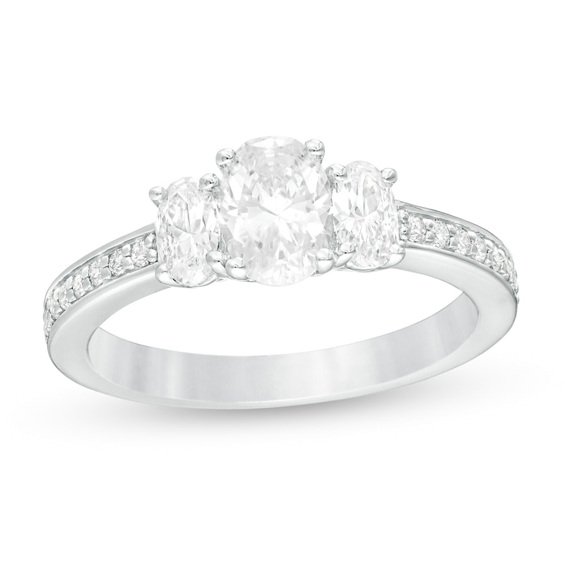 1-1/2 CT. T.W. Certified Oval Lab-Created Diamond Lined Past Present Future® Engagement Ring in 14K White Gold (G/SI2)