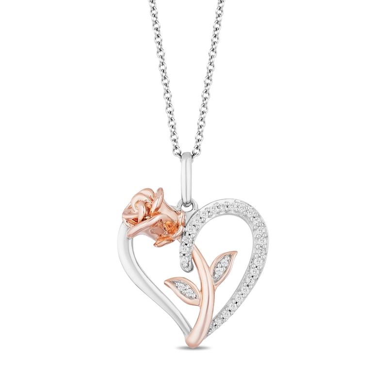 Main Image 1 of Enchanted Disney Belle 1/10 CT. T.W. Diamond Rose and Heart Pendant in Sterling Silver and 10K Rose Gold - 19"