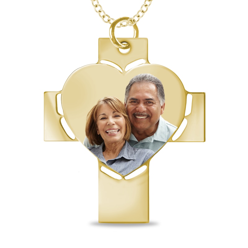 Main Image 1 of Engravable Photo Perforated Heart Cross Pendant in 14K White, Yellow or Rose Gold (1 Image and 2 Lines)