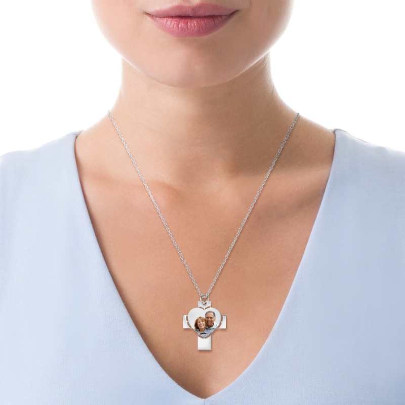 Main Image 2 of Engravable Photo Perforated Heart Cross Pendant in 14K White, Yellow or Rose Gold (1 Image and 2 Lines)