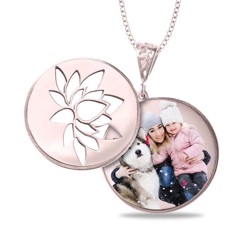 Engravable Photo Lotus Flower Swivel Disc Pendant in 14K White, Yellow or Rose Gold (1 Image and 4 Lines)