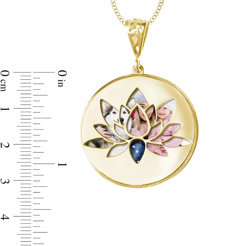 Engravable Photo Lotus Flower Swivel Disc Pendant in 14K White, Yellow or Rose Gold (1 Image and 4 Lines)