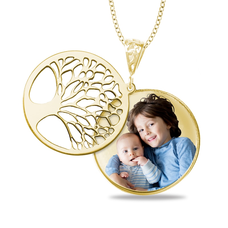 Main Image 1 of Engravable Photo Family Tree Swivel Disc Pendant in 14K White, Yellow or Rose Gold (1 Image and 4 Lines)