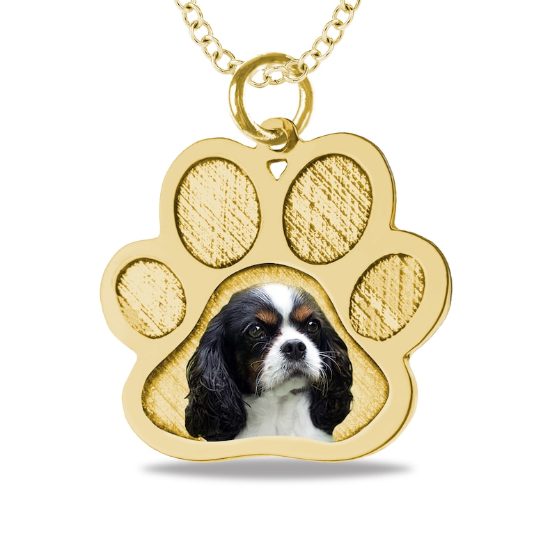 Engravable Photo Textured Paw Print Pet Pendant in 14K White, Yellow or Rose Gold (1 Image and 2 Lines)