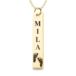 Engravable Name Baby Footprint Vertical Bar Pendant in 14K White, Yellow or Rose Gold (1 Image and 2 Lines)