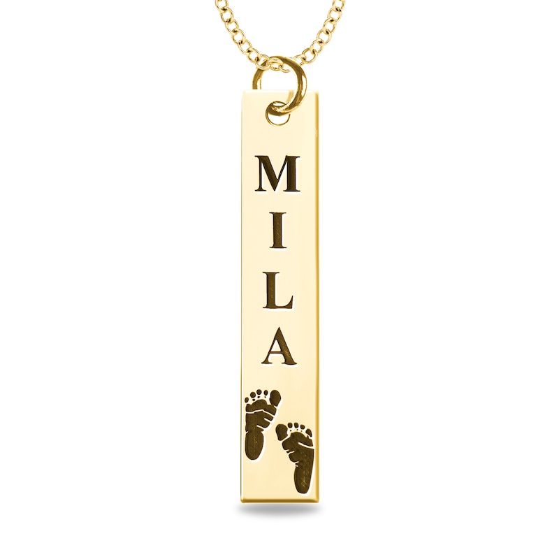 Engravable Name Baby Footprint Vertical Bar Pendant in 14K White, Yellow or Rose Gold (1 Image and 2 Lines)