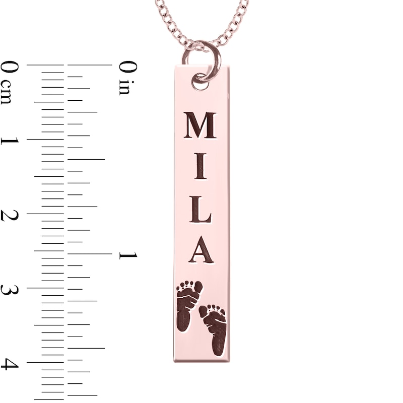 Engravable Name Baby Footprint Vertical Bar Pendant in 14K White, Yellow or Rose Gold (1 Image and 2 Lines)