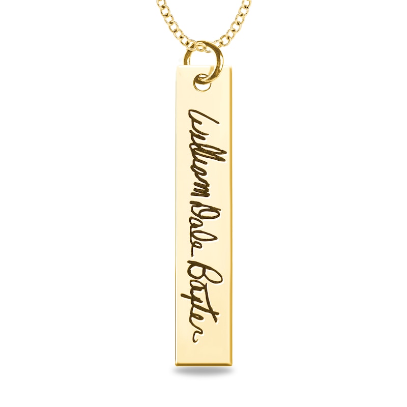 Engravable Handwriting Vertical Bar Pendant in 14K White, Yellow or Rose Gold (1 Image and Line)