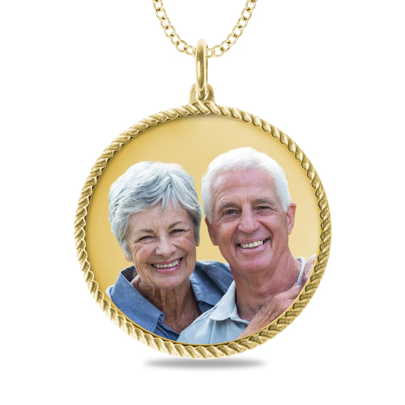 Main Image 1 of Engravable Photo Rope Frame Circle Pendant in 14K White, Yellow or Rose Gold (1 Image and 3 Lines)