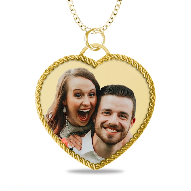 Main Image 1 of Engravable Photo Rope Frame Heart Pendant in 14K White, Yellow or Rose Gold (1 Image and 3 Lines)