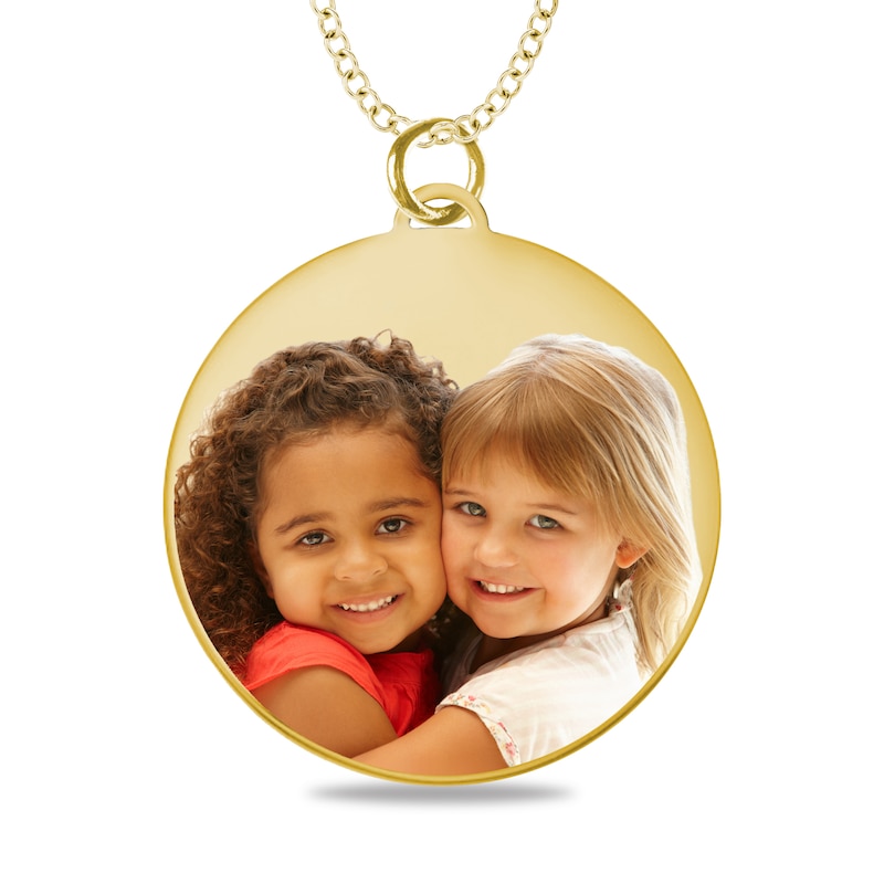 Medium Engravable Photo Circle Pendant in 14K White, Yellow or Rose Gold (1 Image and 3 Lines)